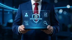 MECP Standards showing on a computer screen being held by a man in a blue suit with a red tie standing in an office