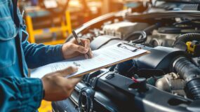 A man with a clipboard inspecting under the hood of a vehicle