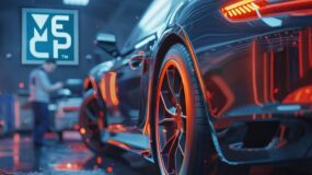 The MECP logo on the wall of a garage with a cool futuristic car being worked on